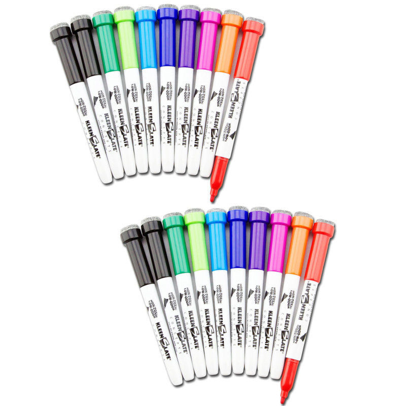 KLEENSLATE - Dry Erase Student Markers with Erasers, Fine Point, Assorted Colors, 10 Per Pack, 2 Packs