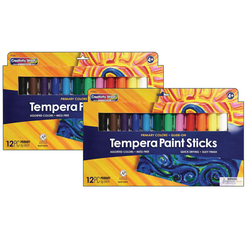 CREATIVITY STREET - Glide-On Tempera Paint Sticks, 12 Assorted Primary Colors, 5 grams, 12 Per Pack, 2 Packs