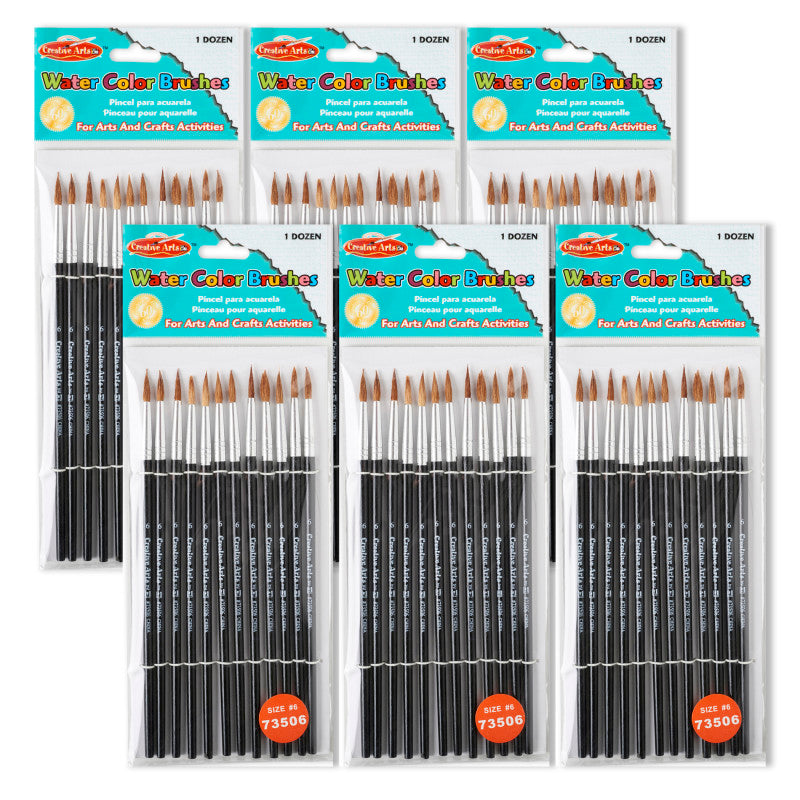 CHARLES LEONARD - Water Color Paint Brushes with Round Pointed Tip, # 6, 11/16", Camel Hair, Black Handle, 12 Per Pack, 6 Packs