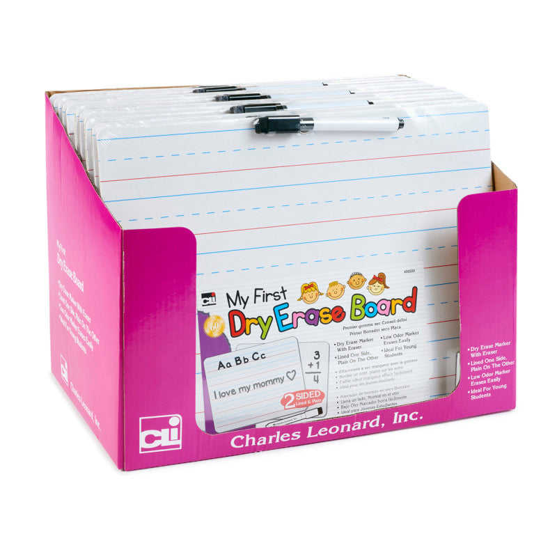 CHARLES LEONARD - "My First" Dry Erase Board with Marker/Eraser, Two-Sided Plain/Lined, White, Pack of 12