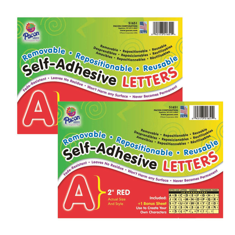 PACON - Self-Adhesive Letters, Red, Puffy Font, 2", 159 Characters Per Pack, 2 Packs