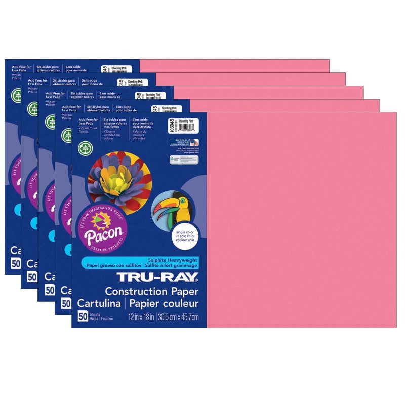 TRU-RAY - Construction Paper, Shocking Pink, 12" x 18", 50 Sheets Per Pack, 5 Packs