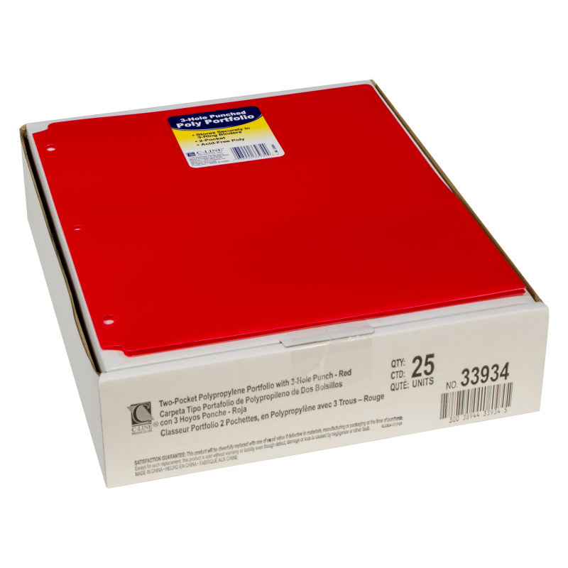 C-LINE - Two-Pocket Heavyweight Poly Portfolio Folder with Three-Hole Punch, Red, Pack of 25