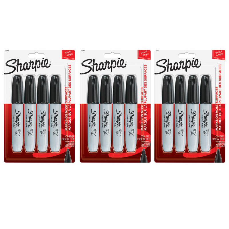 SHARPIE - Chisel Tip Permanent Marker, Black, 4 Per Pack, 3 Packs