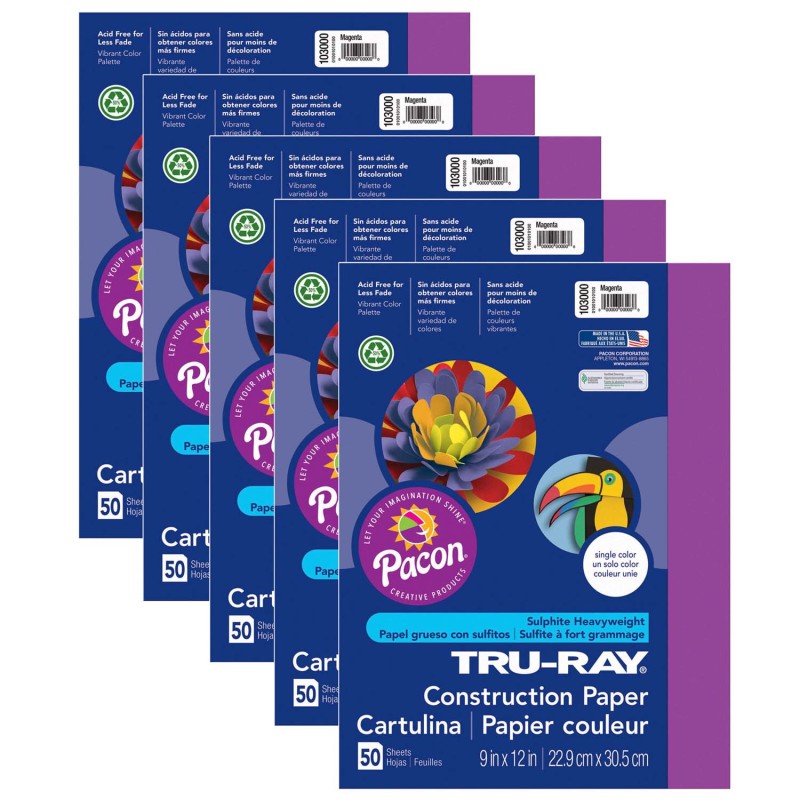 TRU-RAY - Construction Paper, Magenta, 9" x 12", 50 Sheets Per Pack, 5 Packs