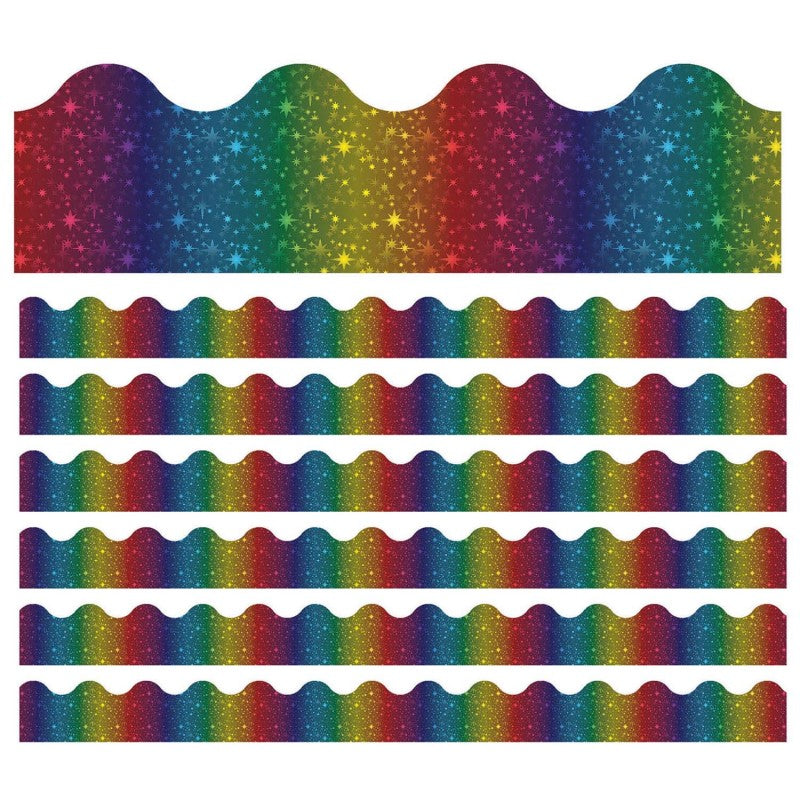 CARSON DELLOSA EDUCATION - Sparkle + Shine Rainbow Foil Scalloped Border, 39 Feet Per Pack, 6 Packs