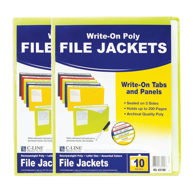 C-LINE - Write-On Poly File Jackets, Assorted Colors, 11" x 8-1/2", 10 Per Pack, 2 Packs