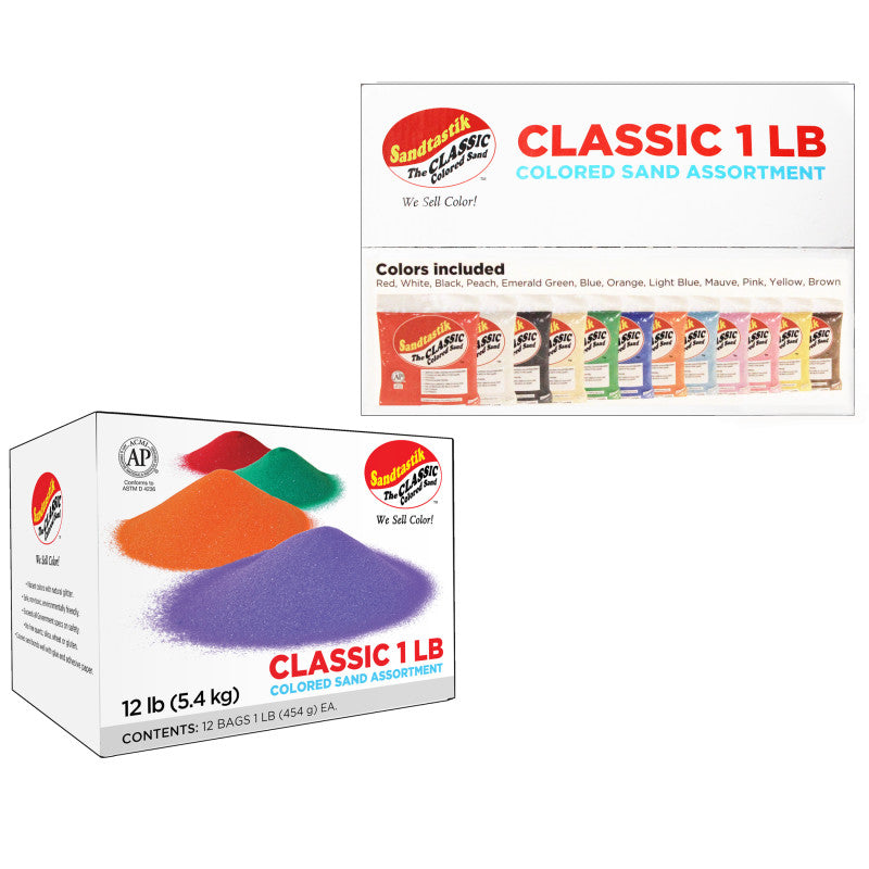 SANDTASTIK - Colored Sand Classroom Pack, 1 Pound Bags, Assortment 1, Set of 12