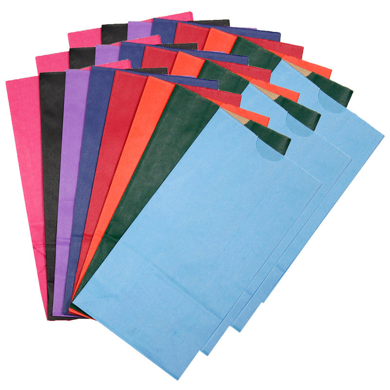 HYGLOSS - Gusseted Flat Bottom Paper Bags, Size #6, Bright Assorted Colors, 28 Per Pack, 3 Packs
