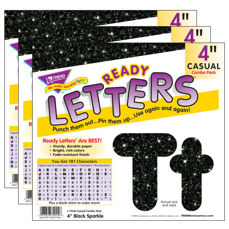 TREND - Black Sparkle 4" Casual Combo Ready Letters®, 3 Packs