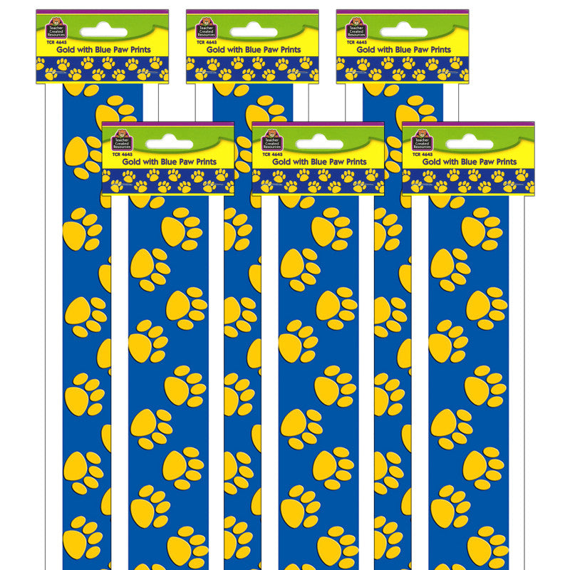 TEACHER CREATED RESOURCES - Blue with Gold Paw Prints Border Trim, 35 Feet Per Pack, 6 Packs