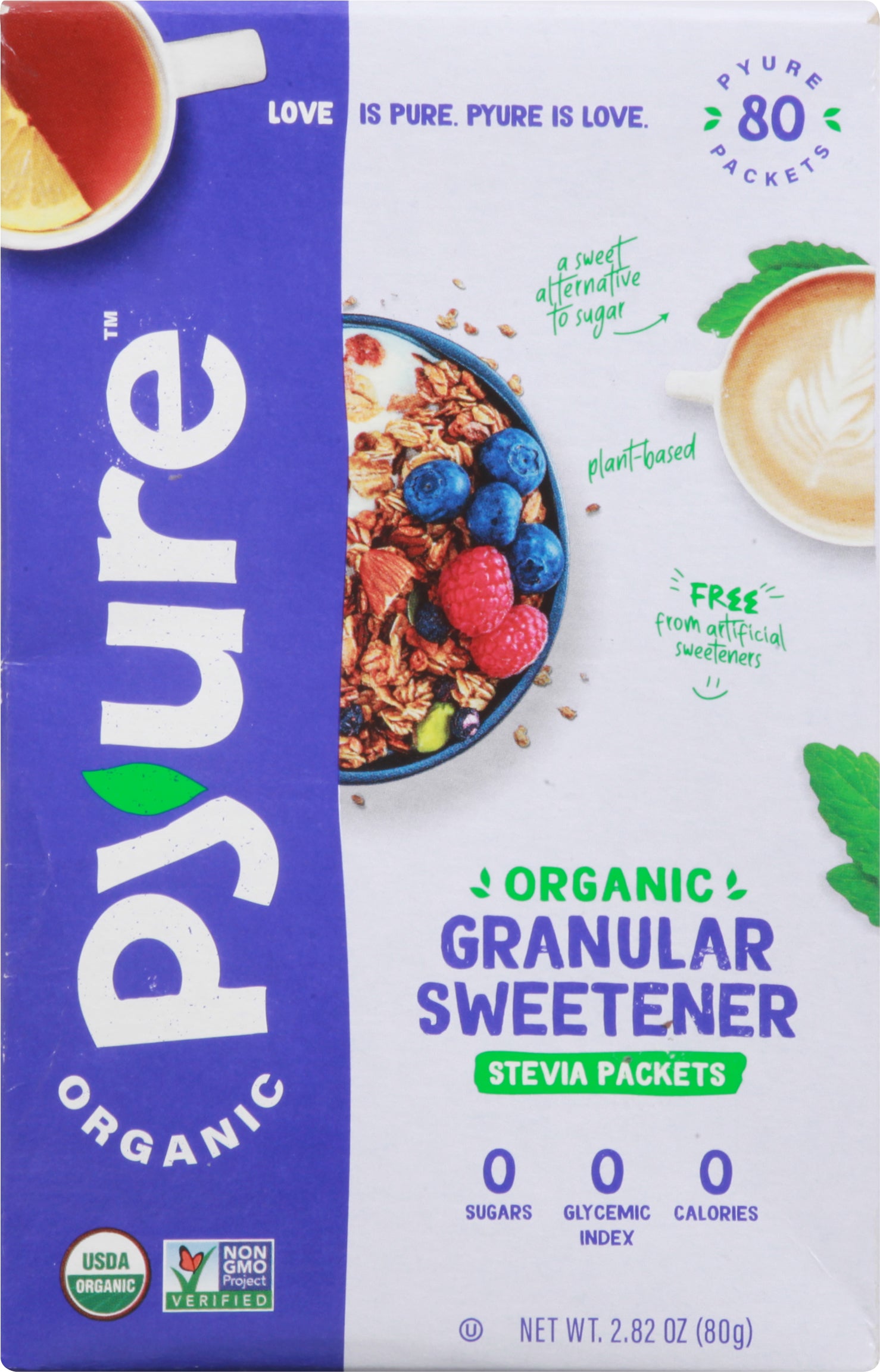 Pyure Stevia Packets Organic Granular Sweetener 80 ea - Case of 6