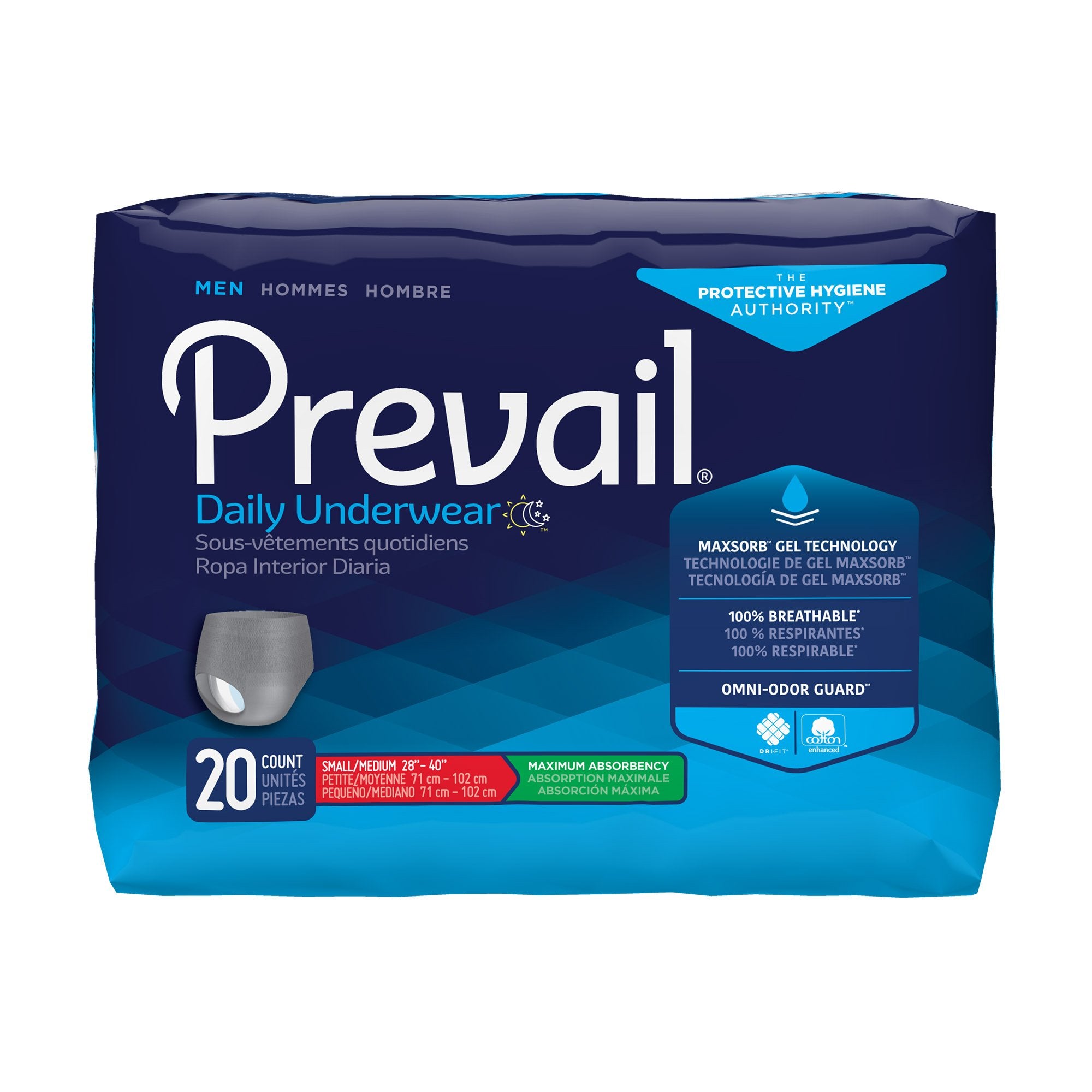 First Quality - Male Adult Absorbent Underwear Prevail® Daily Underwear Pull On with Tear Away Seams Small / Medium Disposable Heavy Absorbency [80/CS]