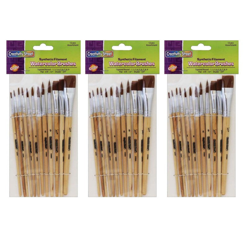 CREATIVITY STREET - Watercolor Brushes, Assorted Sizes, 12 Per Set, 3 Sets