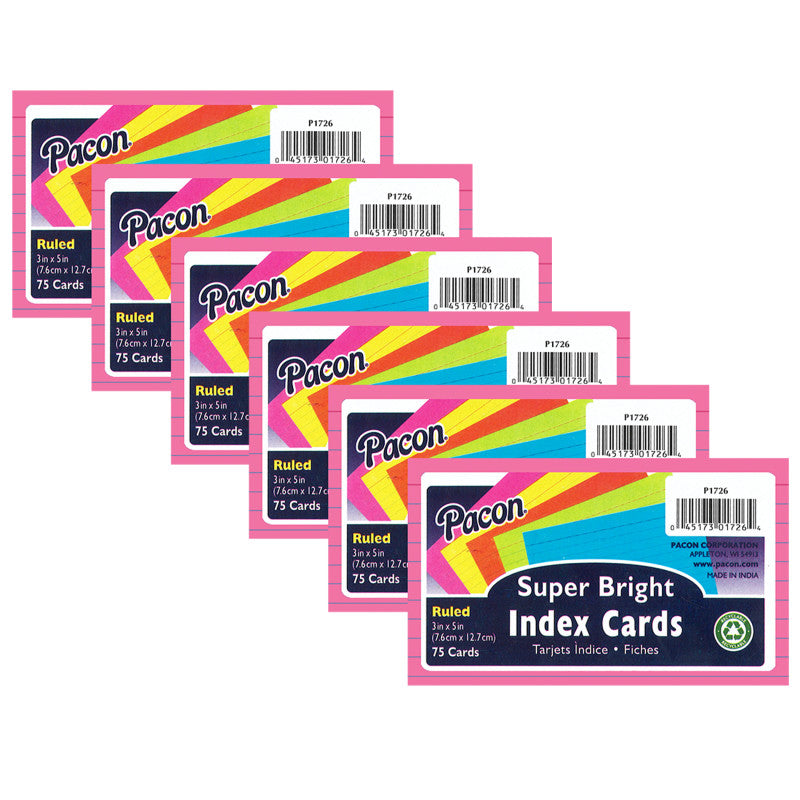 PACON - Index Cards, 5 Super Bright Assorted Colors, 0.25" Ruled, 3" x 5", 75 Cards Per Pack, 6 Packs