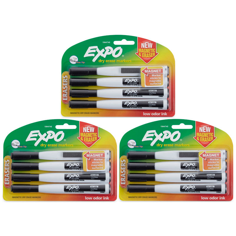 EXPO - Magnetic Dry Erase Markers with Eraser, Fine Tip, Black, 4 Per Pack, 3 Packs