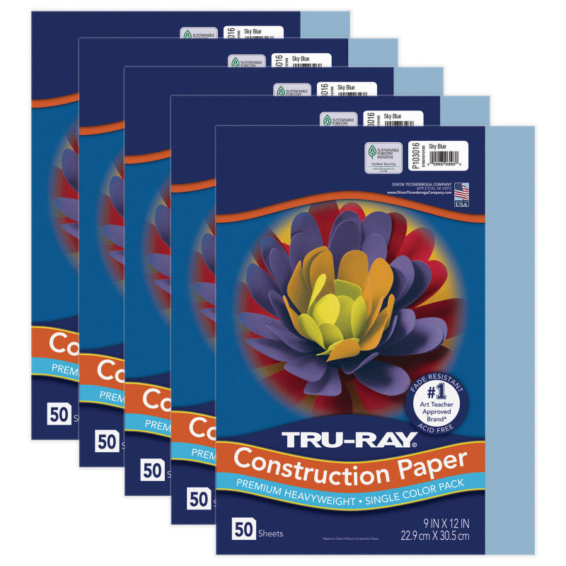 TRU-RAY - Construction Paper, Sky Blue, 9" x 12", 50 Sheets Per Pack, 5 Packs