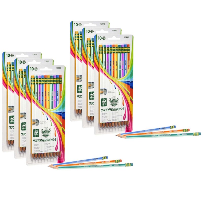 TICONDEROGA - Pencils, #2 Soft, Neon Stripes, Presharpened, 10 Per Pack, 6 Packs