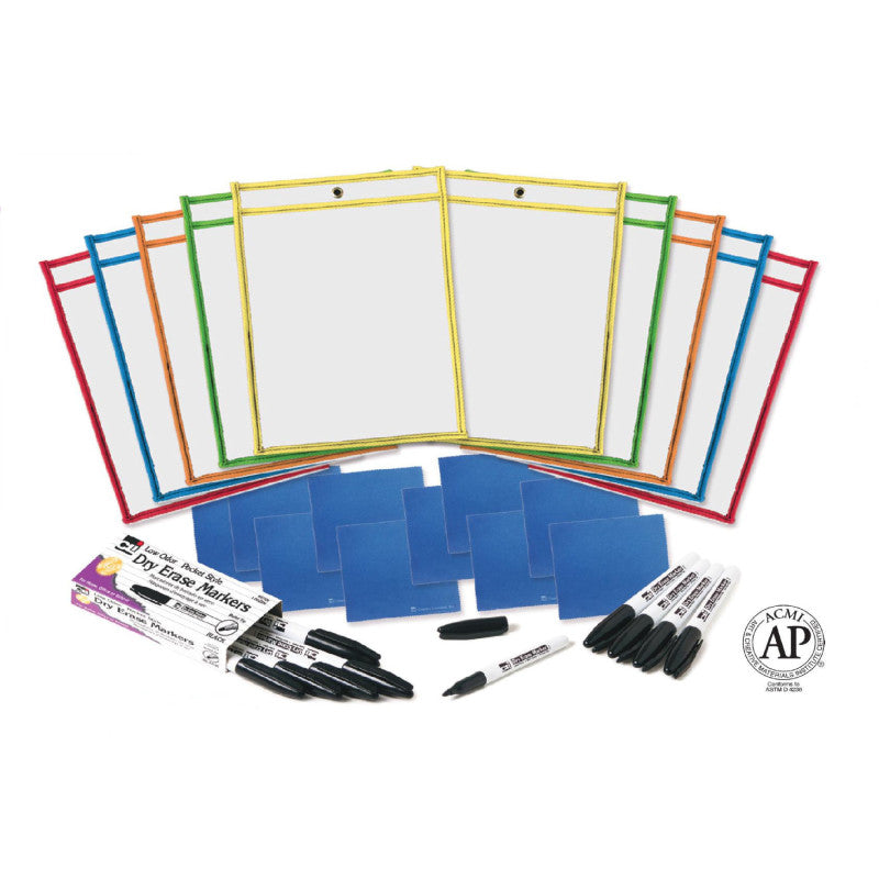 CHARLES LEONARD - Reusable Dry Erase Pockets Class Pack with Markers and Cloth Erasers