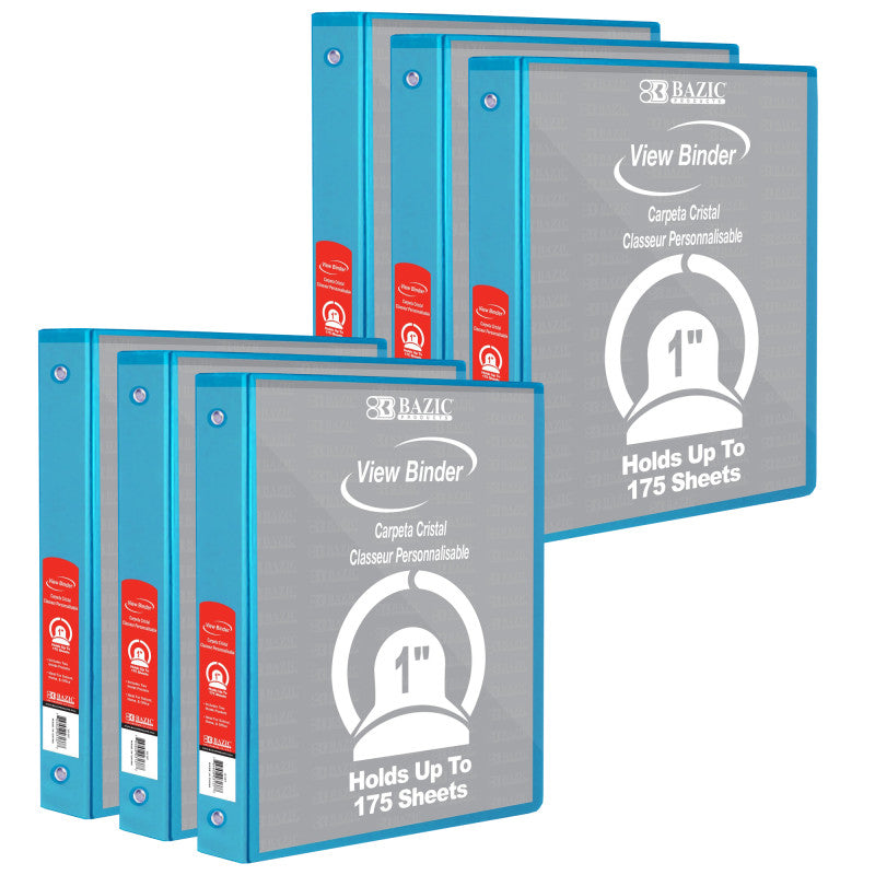 BAZIC PRODUCTS - 3-Ring View Binder with 2 Pockets, 1", Cyan, Pack of 6