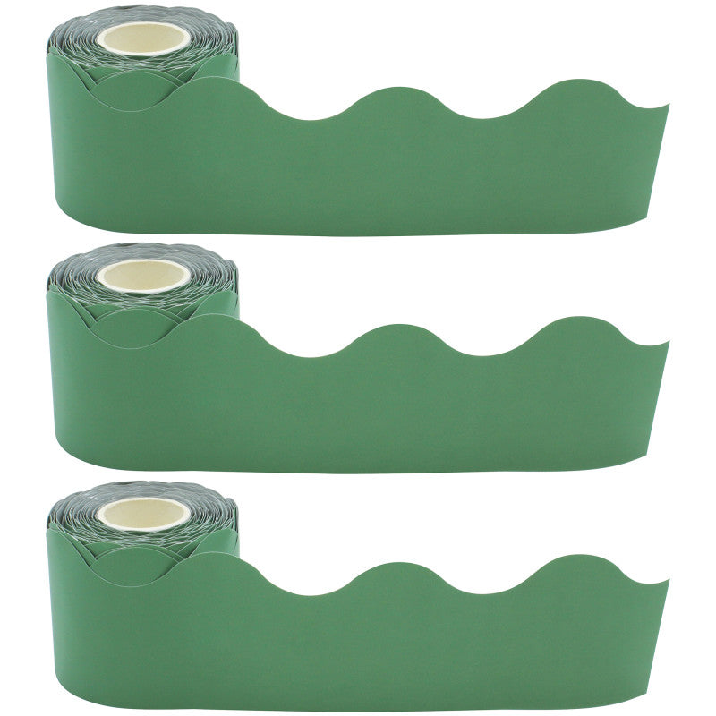 TEACHER CREATED RESOURCES - Eucalyptus Green Scalloped Rolled Border Trim, 50 Feet Per Roll, Pack of 3
