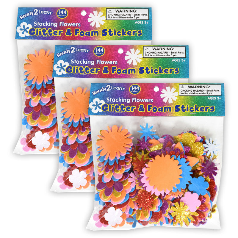 READY 2 LEARN - Glitter and Foam Stickers - Stacking Flowers - 144 Per Pack - 3 Packs