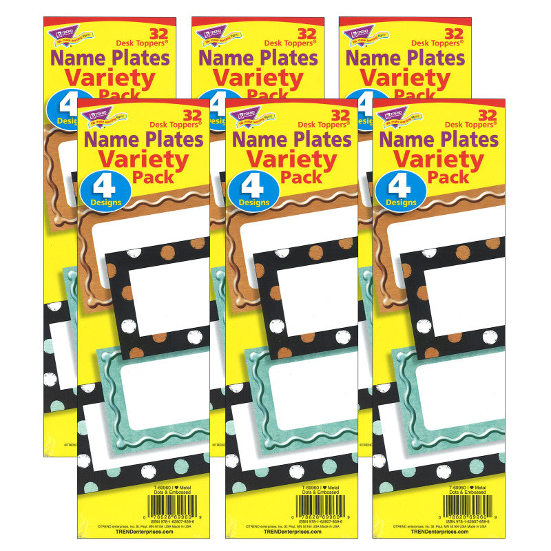 TREND - I ♥ Metal™ Dots & Embossed Desk Toppers® Name Plates Variety Pack, 32 Per Pack, 6 Packs