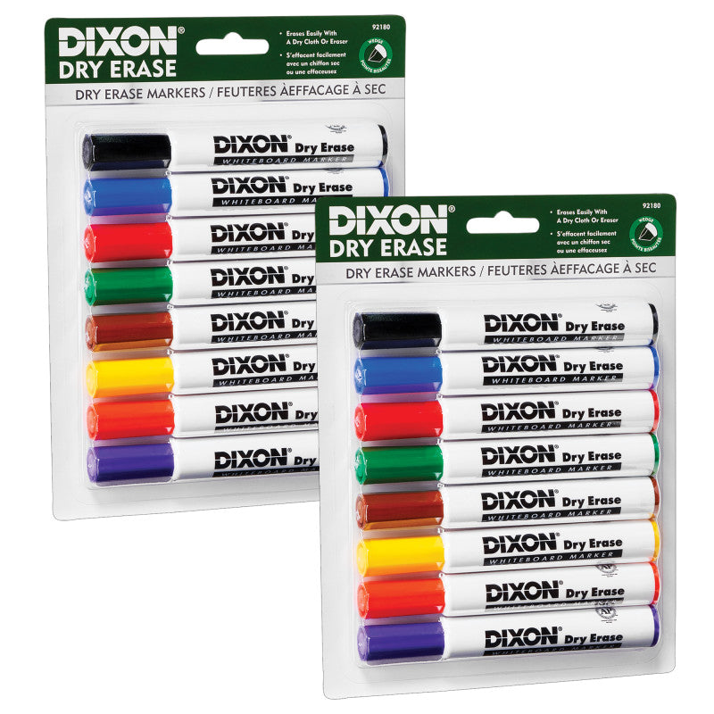 DIXON - Dry Erase Markers Wedge Tip, 8 Colors Per Set, 2 Sets