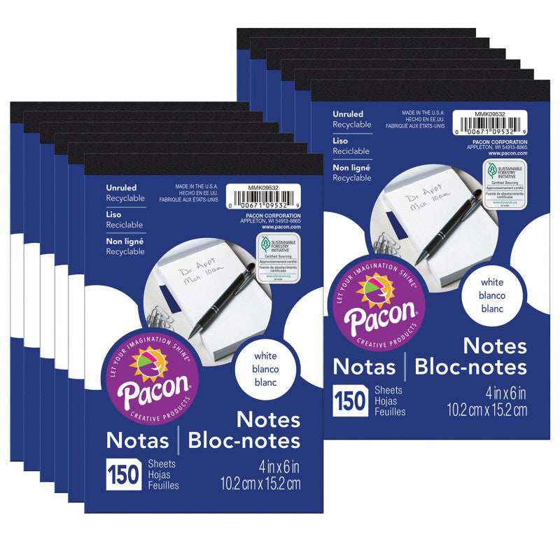 PACON - Unruled Note Pad, White, 4" x 6", 150 Sheets Per Pad, Pack of 12