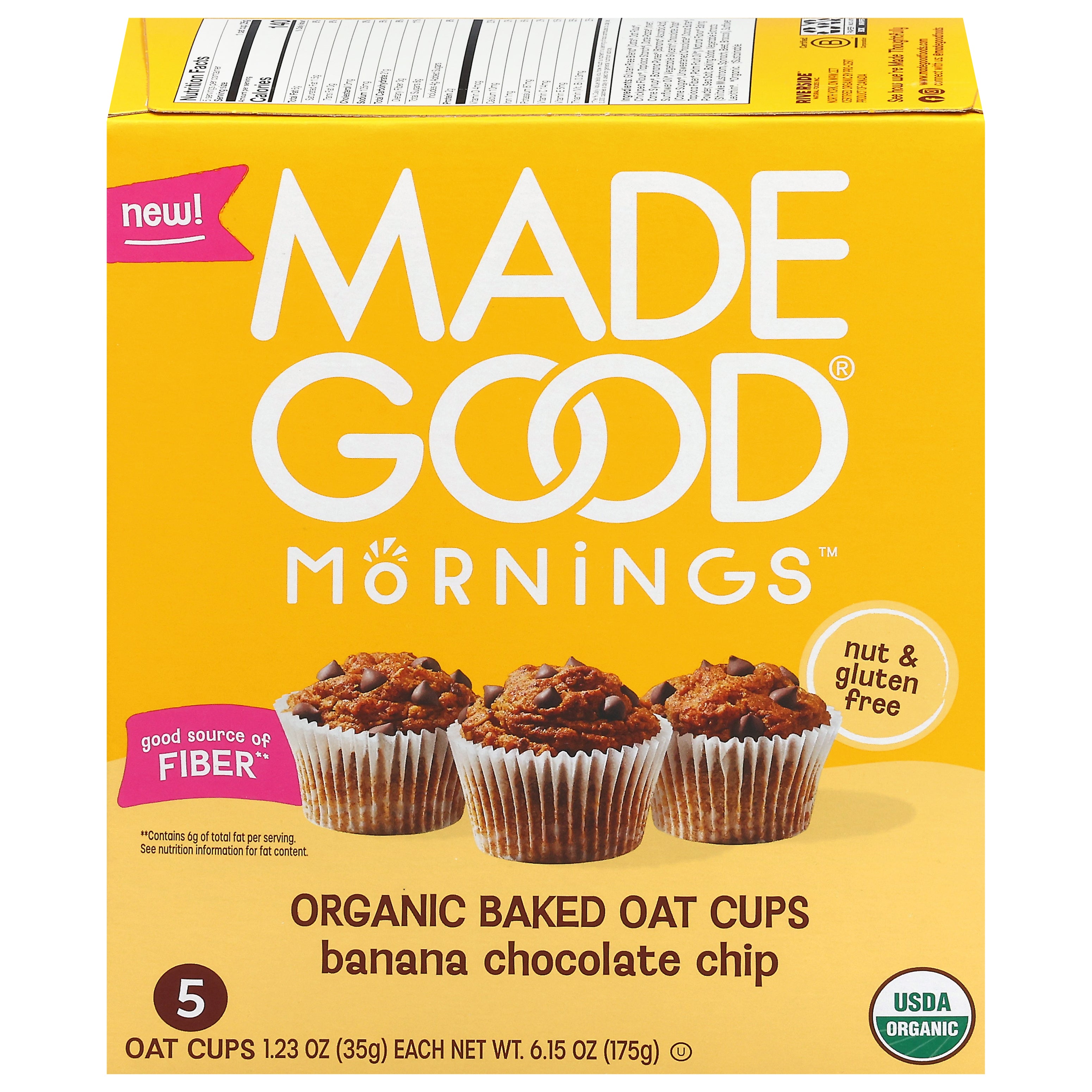 MadeGood Mornings Organic Baked Banana Chocolate Chip Oat Cups 5 - 1.23 oz Cups - Case of 5
