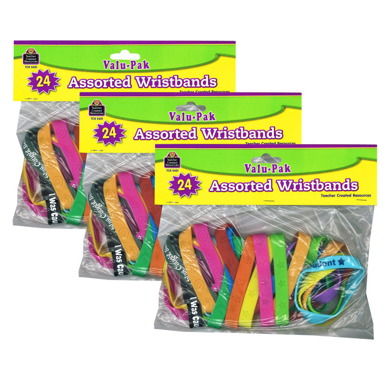TEACHER CREATED RESOURCES - Wristbands Valu-Pak, Assorted, 24 Per Pack, 3 Packs