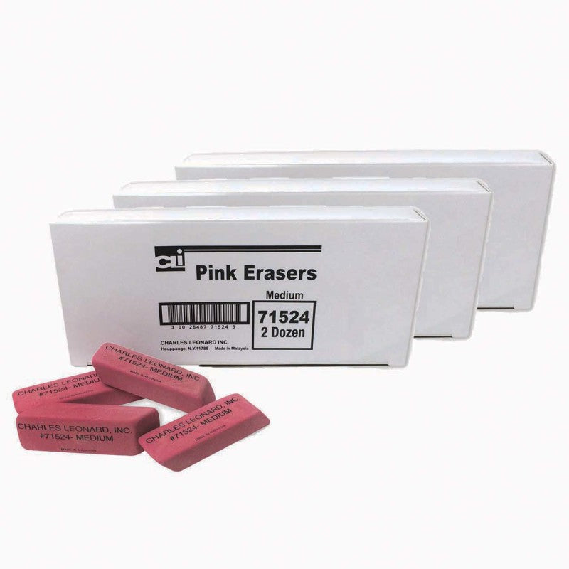 CHARLES LEONARD - Medium Natural Rubber Pink Wedge Eraser, 24 Per Pack, 3 Packs