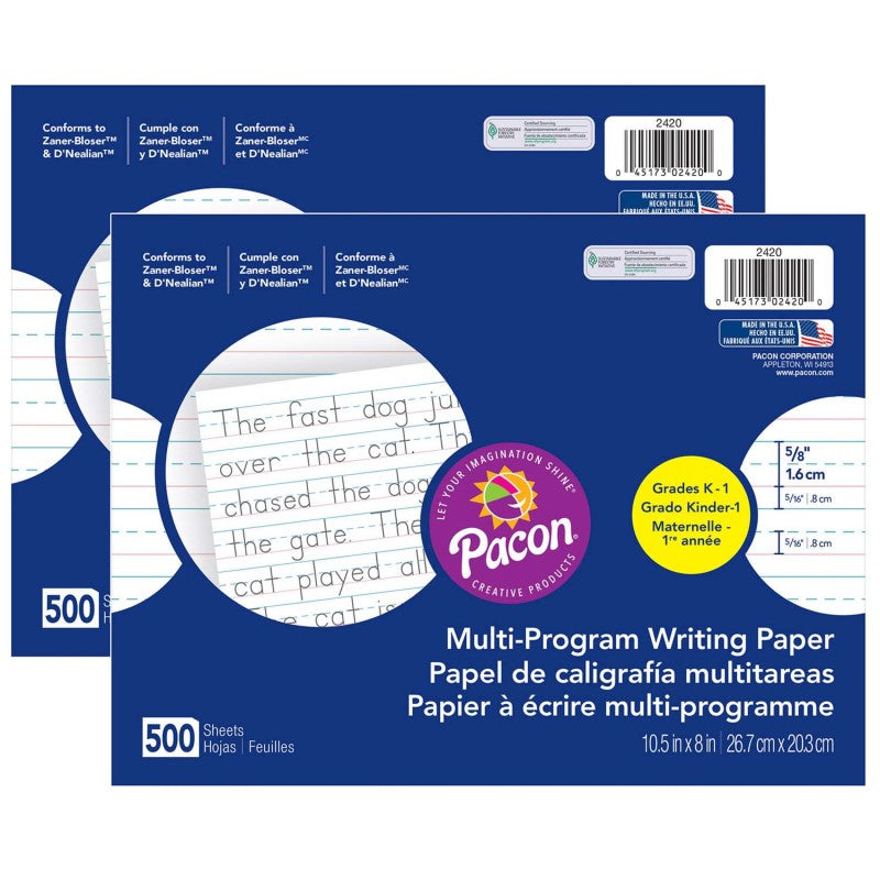 PACON - Multi-Program Handwriting Paper, 5/8" Ruled (Long Way), White, 10-1/2" x 8", 500 Sheets Per Pack, 2 Packs