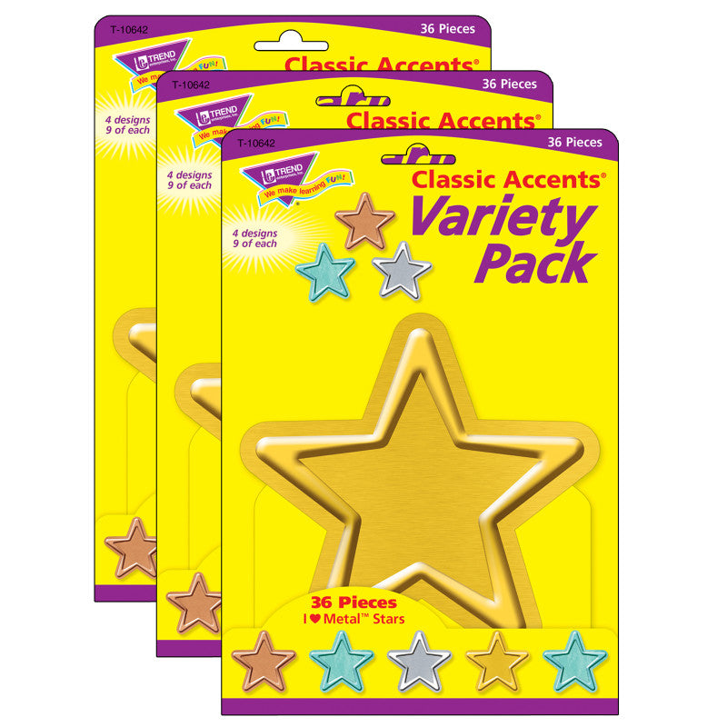 TREND - I ♥ Metal™ Stars Classic Accents® Variety Pack, 36 Per Pack, 3 Packs
