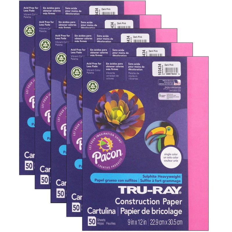 TRU-RAY - Construction Paper, Dark Pink, 9" x 12", 50 Sheets Per Pack, 5 Packs