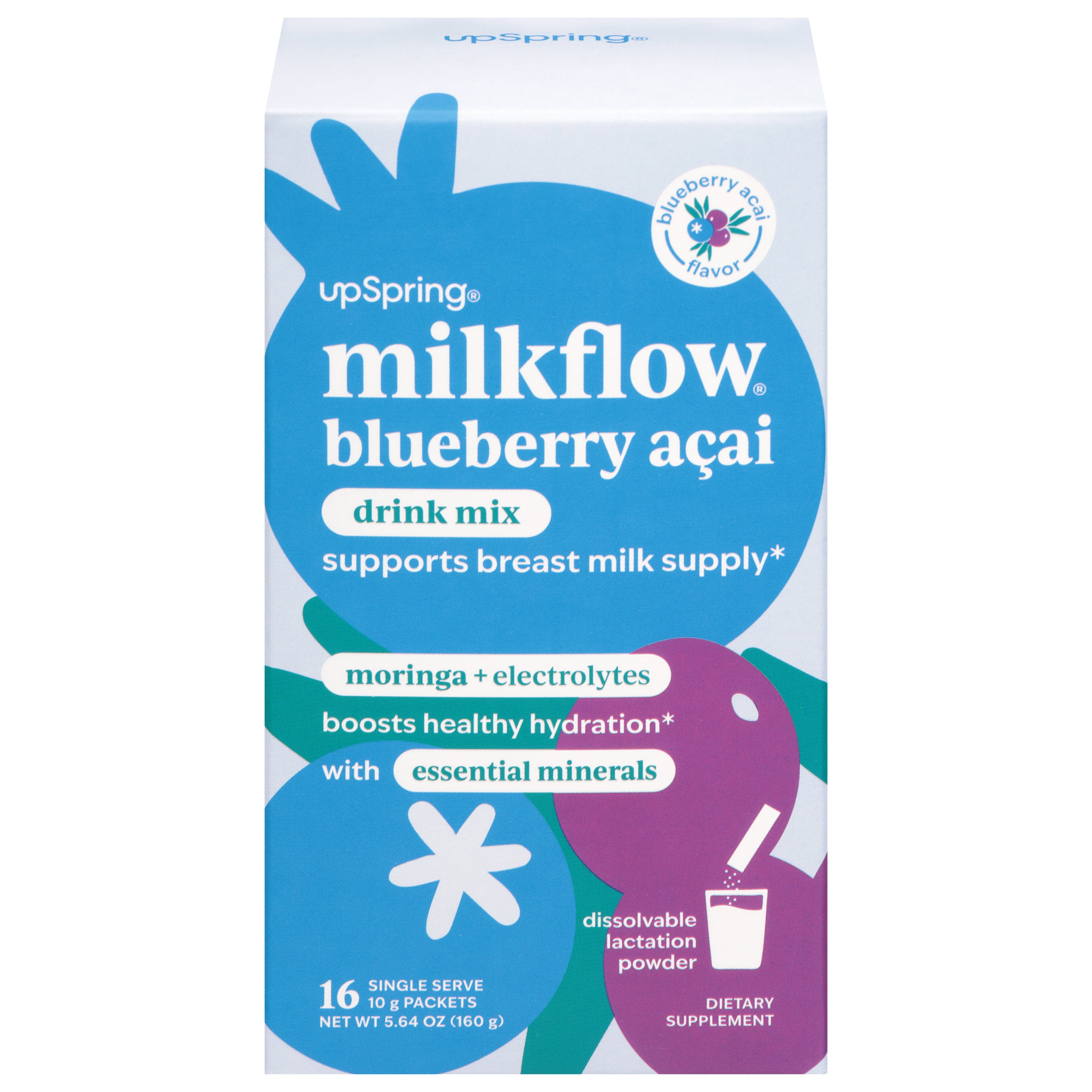 UpSpring Milkflow Blueberry Acai Flavor Drink Mix 16 - 10 g Single Serve Packets - Case of 1