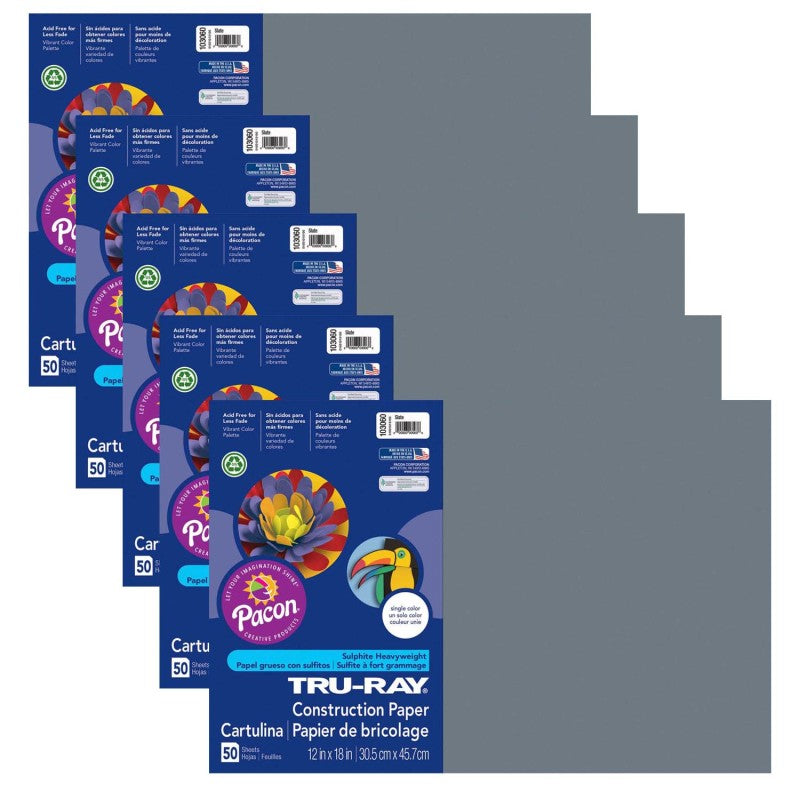 TRU-RAY - Construction Paper, Slate, 12" x 18", 50 Sheets Per Pack, 5 Packs