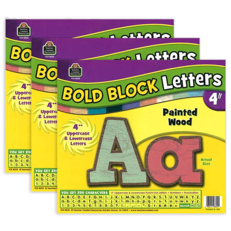 TEACHER CREATED RESOURCES - Painted Wood Design Bold Block 4" Letters Combo Pack, 230 Characters Per Pack, 3 Packs