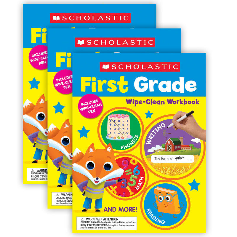 SCHOLASTIC TEACHING SOLUTIONS - First Grade Wipe Clean Workbook, Pack of 3