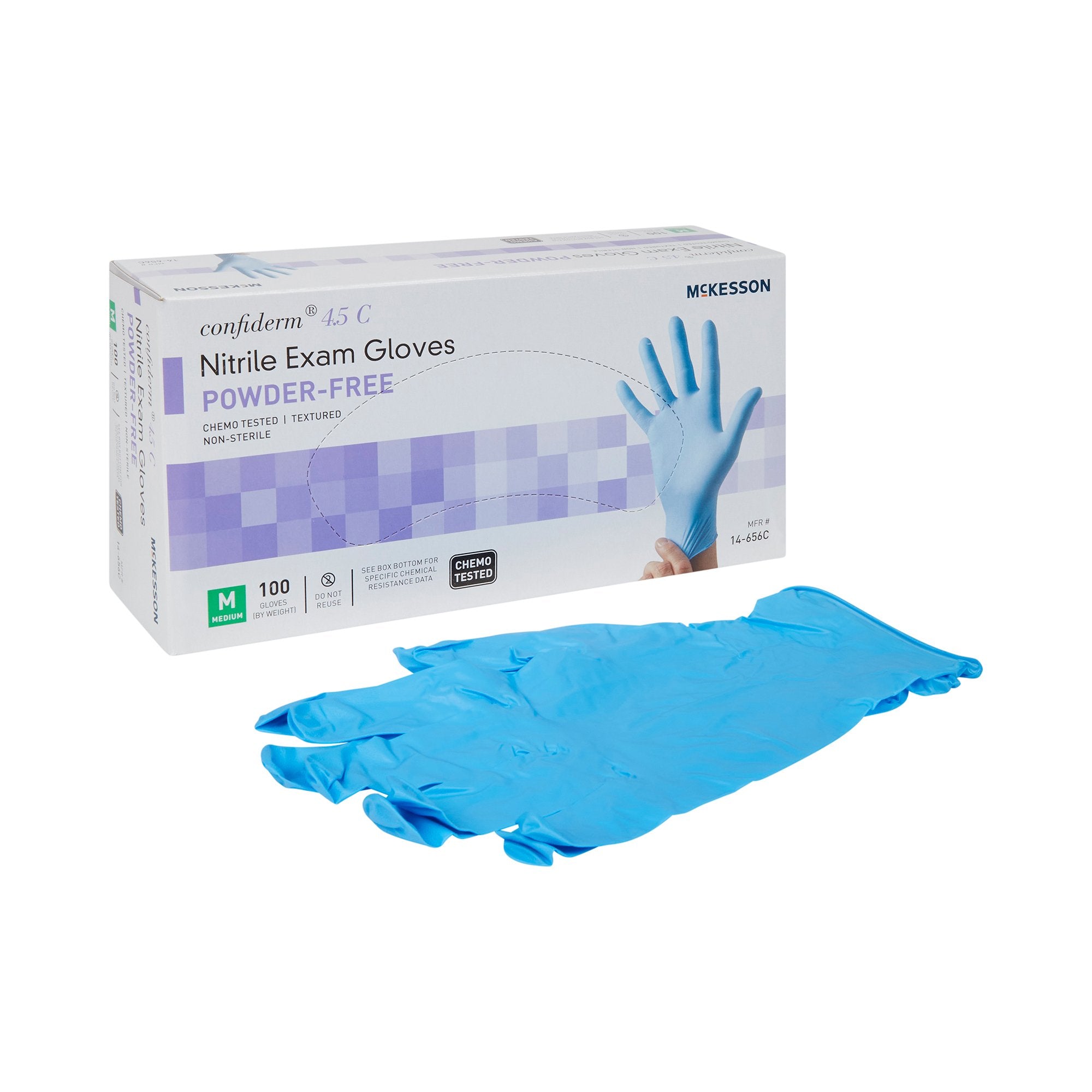 McKesson Brand - Exam Glove McKesson Confiderm® 4.5C Medium NonSterile Nitrile Standard Cuff Length Textured Fingertips Blue Chemo Tested [100/BX]