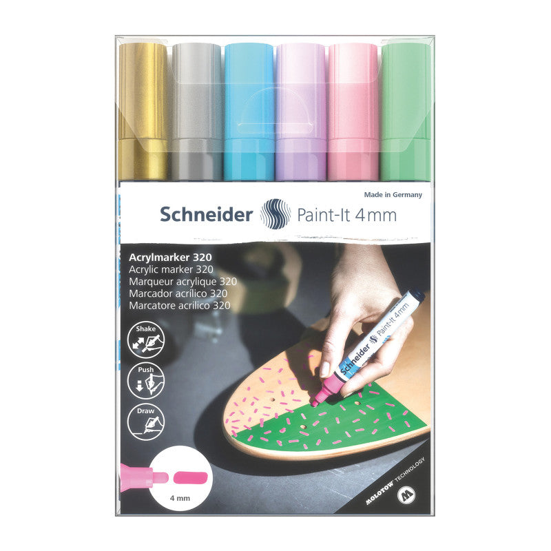 SCHNEIDER - Paint-It 320 Acrylic Markers, 4 mm Bullet Tip, Wallet, 6 Assorted Pastel Ink Colors