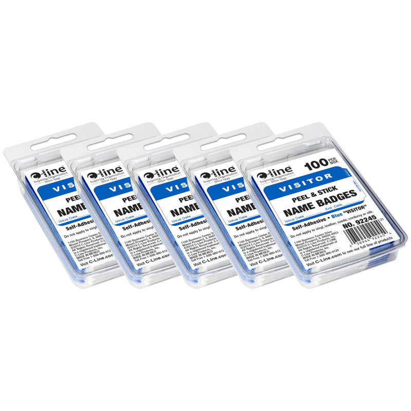 C-LINE - Pressure Sensitive Badges, Visitor, Blue, 3-1/2" x 2-1/4", 100 Per Pack, 5 Packs