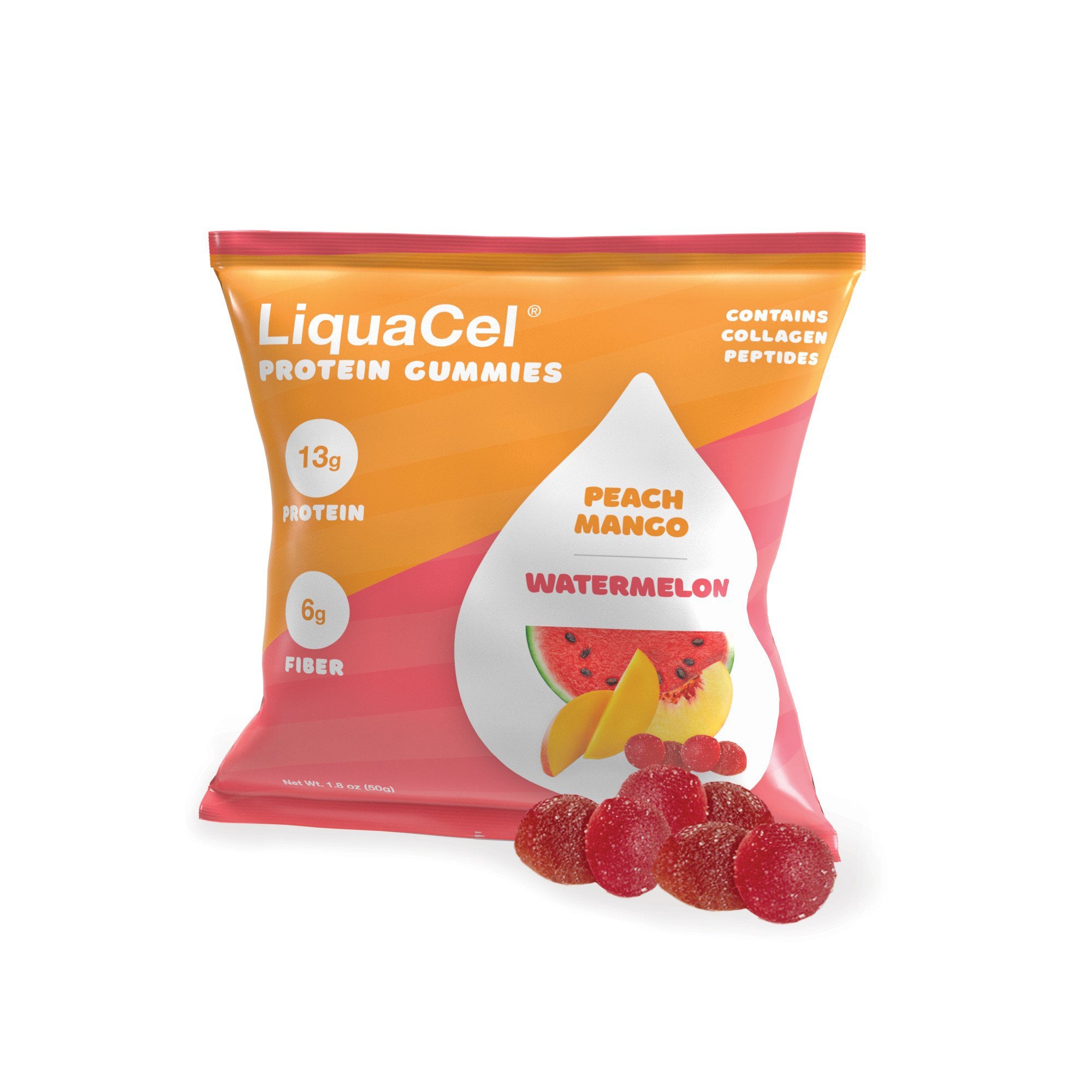 Global Health Products - Oral Supplement LiquaCel® Protein Gummies Watermelon / Peach Mango Flavor Gummy 1.8 oz. Pouch [1/PK]