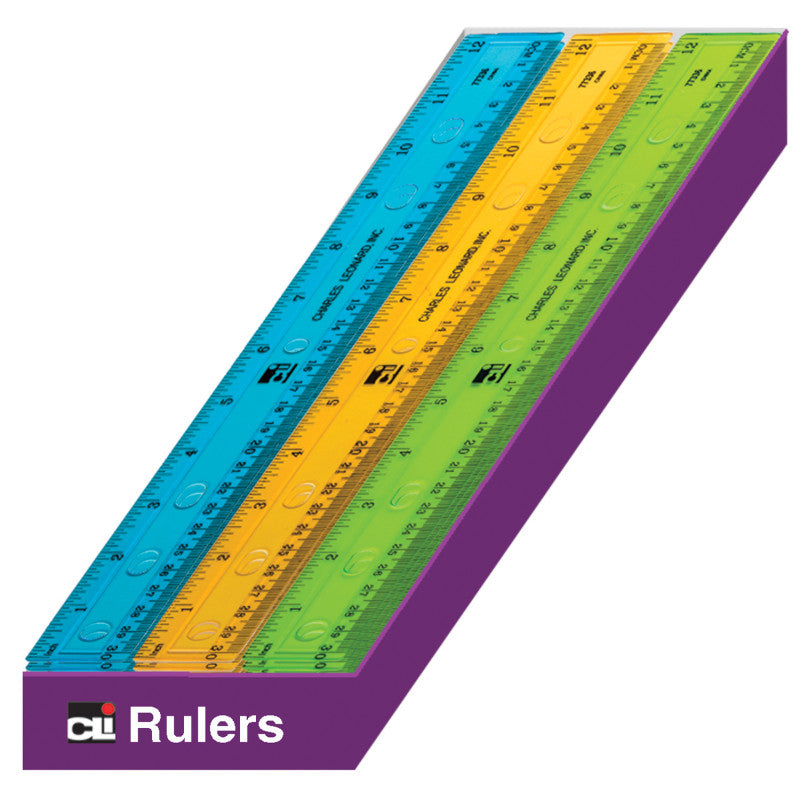 CHARLES LEONARD - Plastic 12" Ruler, Flat, Translucent Assorted Colors, Pack of 36