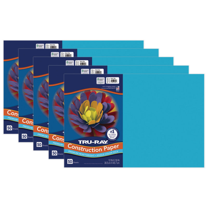 TRU-RAY - Construction Paper, Atomic Blue, 12" x 18", 50 Sheets Per Pack, 5 Packs