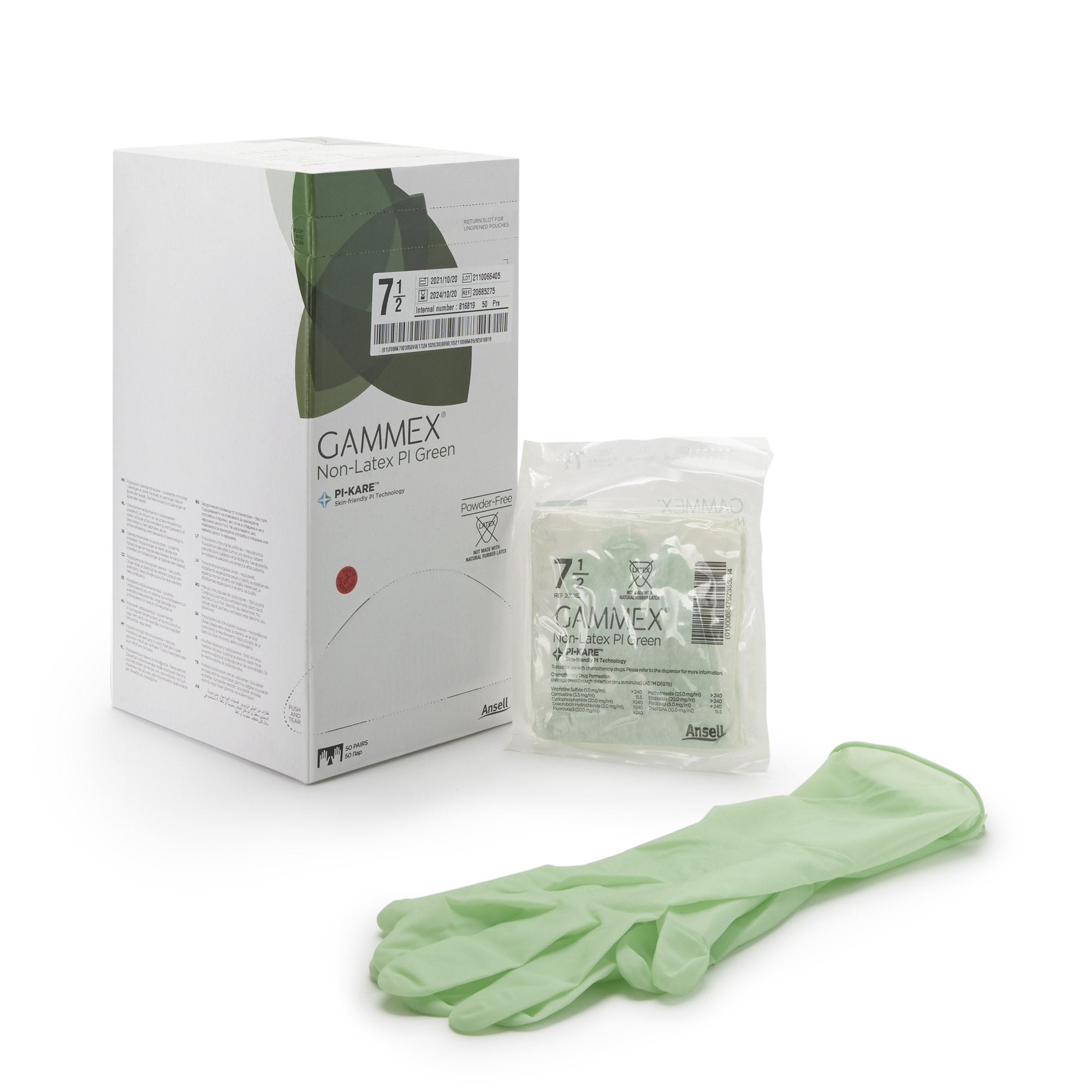 Ansell - Surgical Glove GAMMEX® Non-Latex PI Green Size 7.5 Sterile Polyisoprene Standard Cuff Length Micro-Textured Light Green Chemo Tested [200/CS]