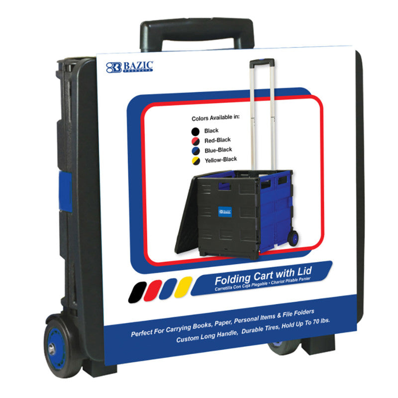 BAZIC PRODUCTS - Folding Cart on Wheels w/Lid Cover, 16" x 18" x 15", Black/Blue