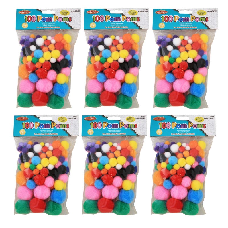 CHARLES LEONARD - Pom-Poms, Assorted Sizes/Colors, 100 Per Bag, 6 Bags