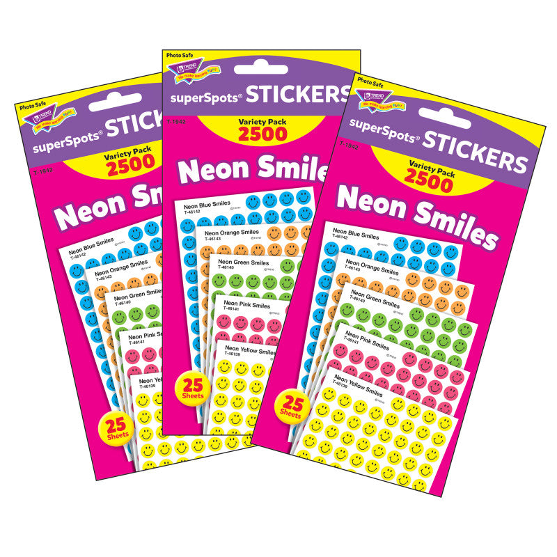 TREND - Neon Smiles superSpots® Stickers Variety Pack, 2500 Per Pack, 3 Packs