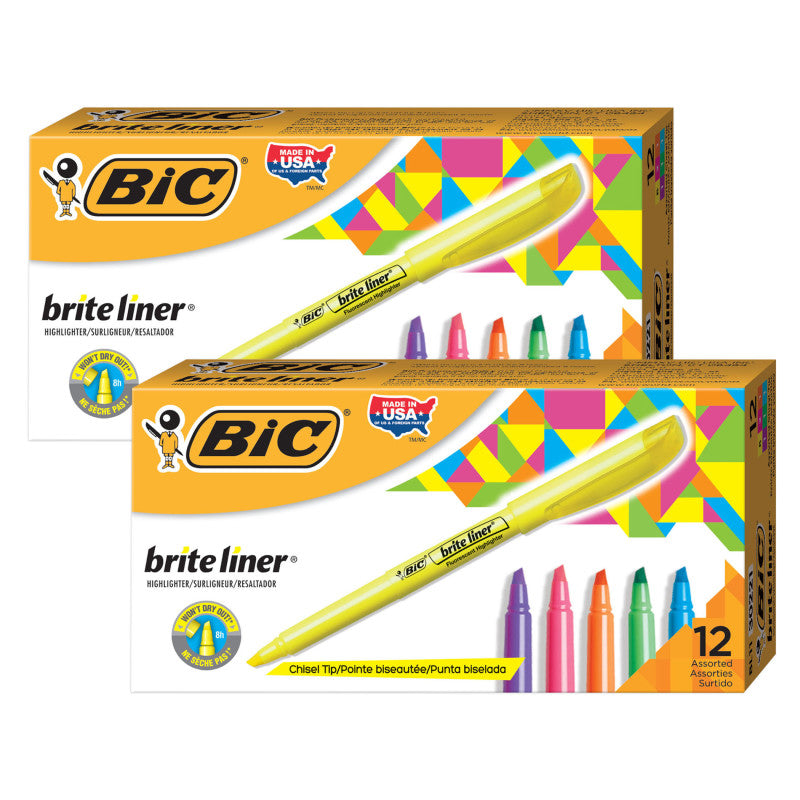 BIC - Brite Liner Highlighters Markers, Assorted Colors, Chisel Tip, 12 Per Pack, 2 Packs